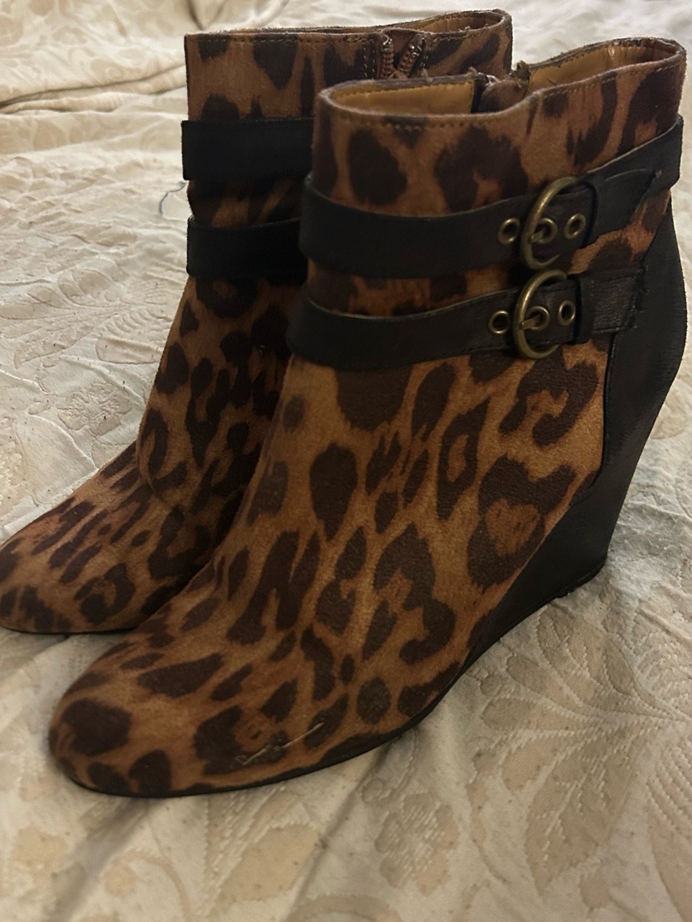 Leopard Print Suade Buckle Wedge Ankle Boots -